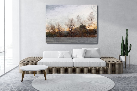 Distressed Landscape at Sunset, Brown Gray rustic landscape painting, landscape art print, rustic landscape Canvas Print, Rural Landscape