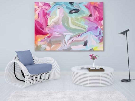 Gravitational Influence 2, Abstract Painting Extra Large Abstract Hand Painted Acrylic Painting Pink Blue Contemporary Canvas Print