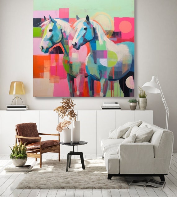 Two Colorful Horses, Horse Art Horse Painting Impressionist Horse Painting Canvas Print Horse canvas Art Equestrian