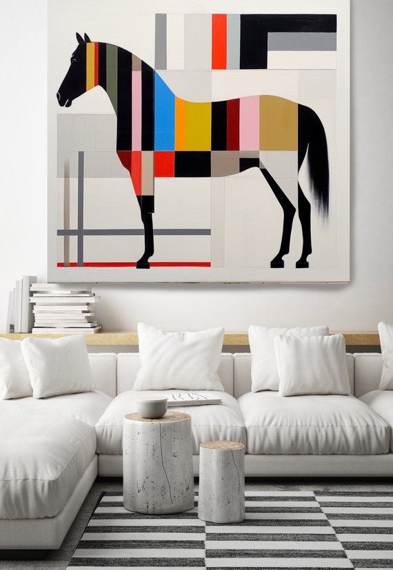 Color Block Geometrical Contemporary Horse Painting, Midcentury Horse Painting Canvas Print Horse canvas Art Equestrian