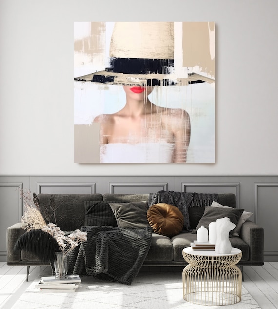 Woman with red lipstick 2., Portrait Abstract Art, Woman in large hat Painting Expressive Portrait Abstract Canvas Print