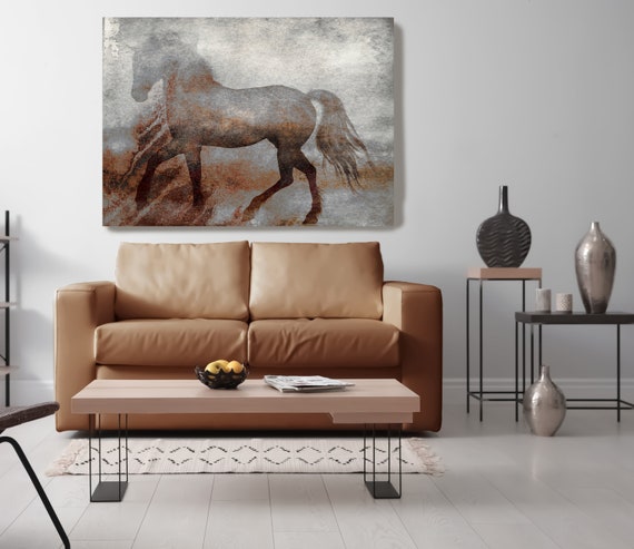 Wild Spirit 3. Running Horse, Horse Canvas Print Art, Gray Rustic Horse, Farm House Wall Art, Equestrian Painting Wall Art, Watercolor Horse