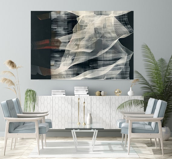 Obsidian Opus-19, Monochrome Abstract Painting Print on Canvas, New Media Art, Contemporary Living Room Decor, Office Wall Art