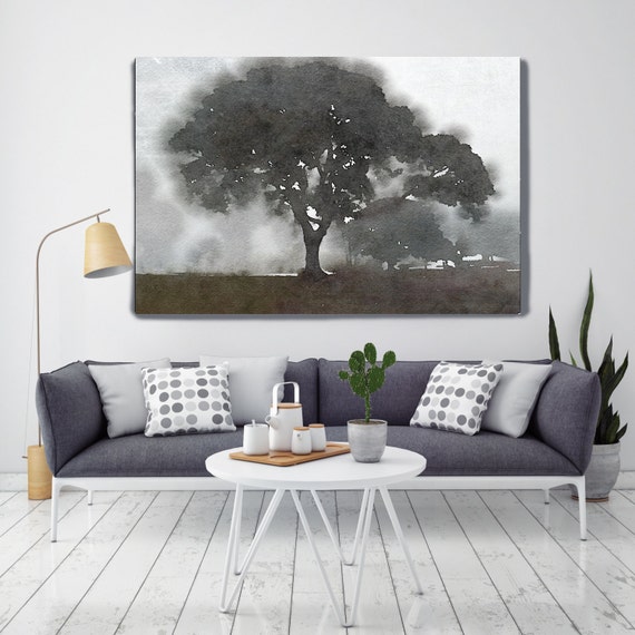 Foggy Trees. Huge Rustic Landscape Painting Canvas Art Print, Extra Large Brown Grey Black White Canvas Art Print up to 80" by Irena Orlov