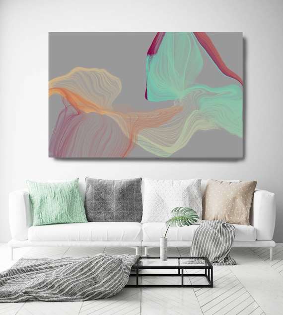 Color Breeze 67. Abstract New Media Art, Wall Decor, Extra Large Abstract Gray Teal Yellow Canvas Art Print up to 72" Irena Orlov