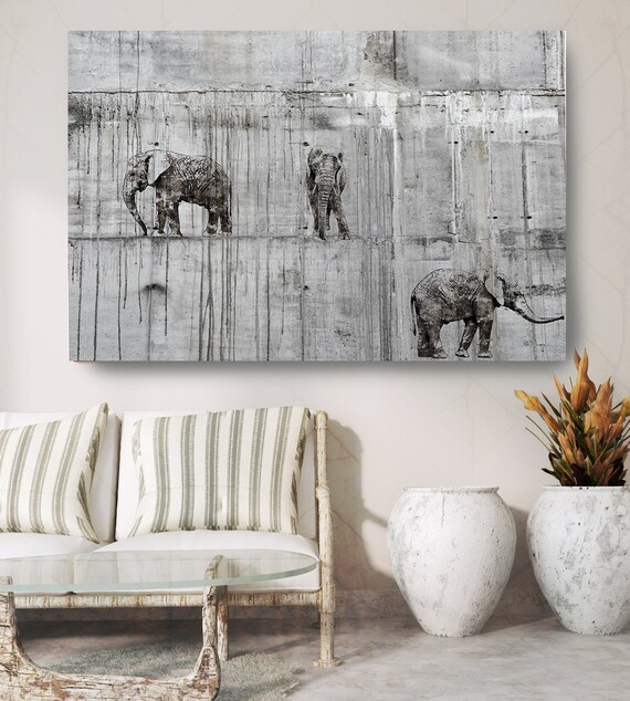 Walking Elephants 2 Canvas Art Large Canvas, Elephant Canvas Art Print, Black Rustic Elephant Wall Art Print up to 81" by Irena Orlov