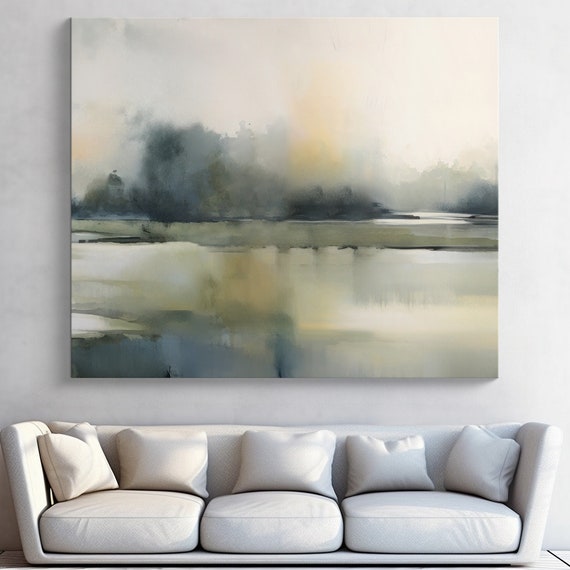 Tranquil Waterscape-12 Landscape Painting Canvas Print | Huge  Landscape Art | Watercolor Landscape Painting | Blured Landscape Art Print |