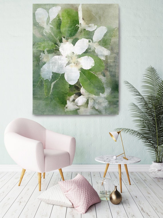 Blooming White Flowers, White Flower Print Shabby Chic Wall Decor, Cottage Style Floral Art Blooming Flowers, Watercolor Flower Canvas Print