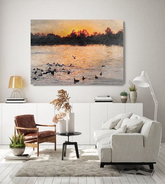 Sunset seascape art, coastal watercolor landscape painting Watercolor Canvas Art Print Sunset painting on canvas, Silence of the Nature 1