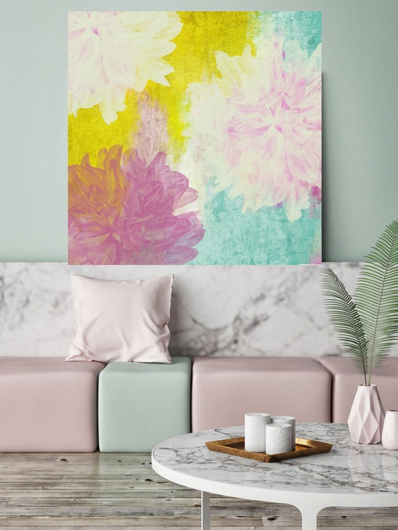 Pastel Dreams II. Rustic Blur Floral Painting, Green Turquoise Pink Lavender Rustic Large Floral Canvas Art Print up to 48" by Irena Orlov