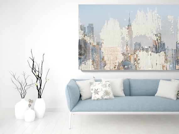 New York City Skyline 2, Cityscape Painting, Blue Large Abstract Urban Painting Canvas Print, Urban New York, Office Art