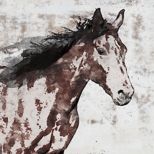 May include: A watercolor-style painting of a horse in motion. The horse has a brown and white spotted coat and a dark mane. The background is a textured, off-white color.