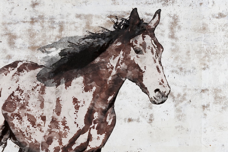 May include: A watercolor-style painting of a horse in motion. The horse has a brown and white spotted coat and a dark mane. The background is a textured, off-white color.