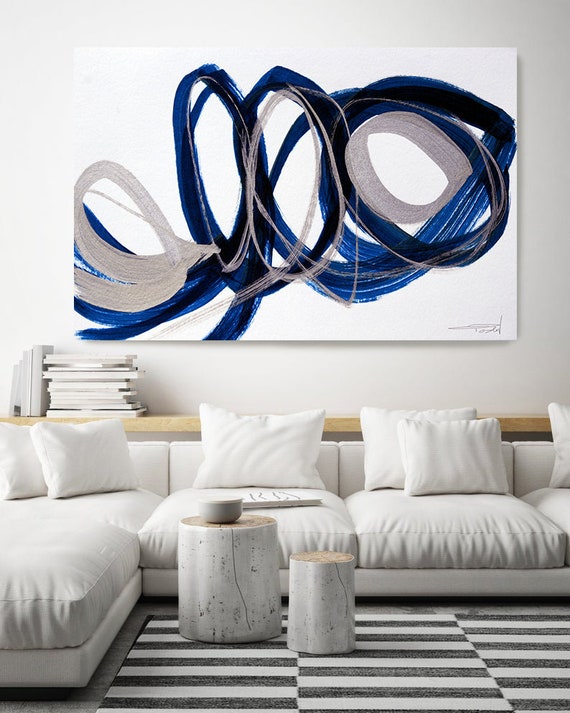 Deep Blue and Silver Circles.Modern Wall Art | Abstract Silver Blue Canvas Print | Large Wall Art Large Abstract Canvas Big Navy Blue Print