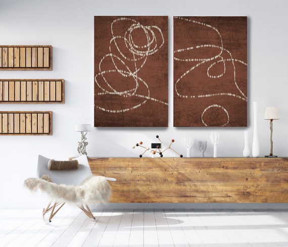 Brown Lines Art, Line Abstract Modern Art, Mid Century Modern Canvas Print Abstract Large wall Painting DIPTYCH 2 Pieces