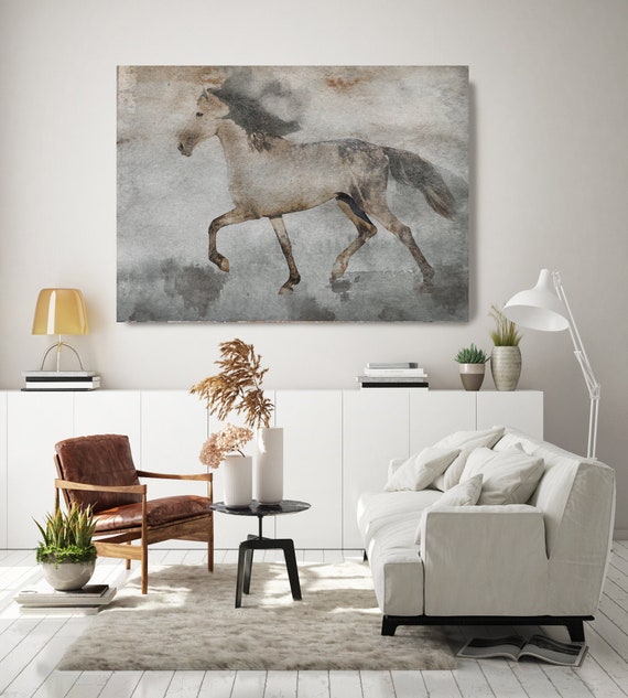 Silver Horse. Running Horse, Horse Canvas Print Art, Gray Rustic Horse, Farm House Wall Art, Equestrian Painting Wall Art
