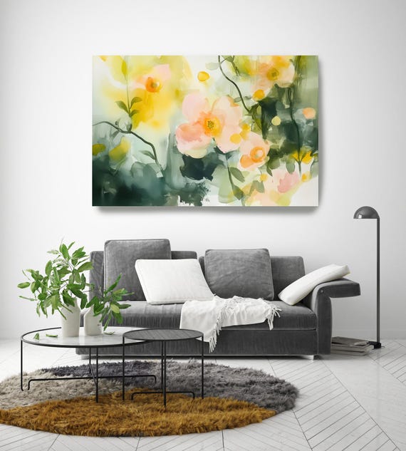 Luminous Sprigs-21, Floral painting, Contemporary Botanical Abstract, Green Yellow Floral Art, Floral Wall Art, Flowers Canvas Print