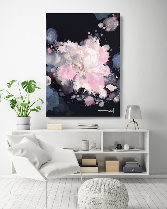 Breathless Pink, Floral Painting Print, Black Blue Pink Floral Art, Large Blue White Contemporary Canvas Art Print up to 72" by Irena Orlov