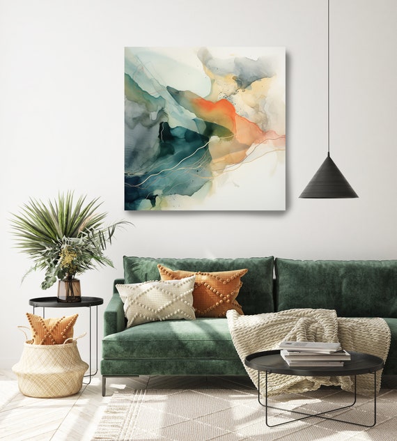 Contemporary Painting, Modern Wall Art, Office Art, Art for Living Room, Large Canvas Art Print up to 50" Green & Orange Fusion