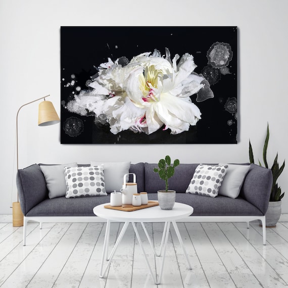 Breathless 2. Floral Painting, White Green Black Abstract Art, Black White Painting, Floral Painting on Canvas, Canvas Art Print