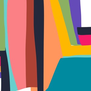 May include: Abstract art composition with a vibrant mix of colors. The artwork features bold shapes in teal, pink, orange, yellow, green, purple, and black. The design is a modern, graphic style.