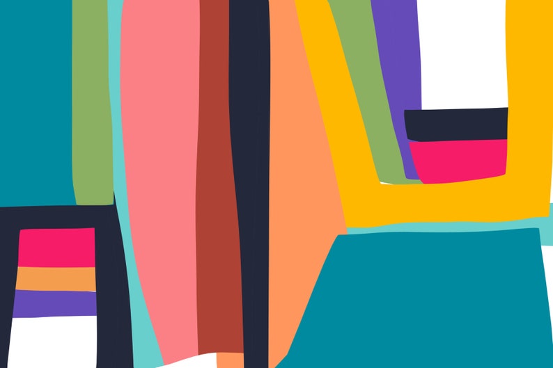 May include: Abstract art composition with a vibrant mix of colors. The artwork features bold shapes in teal, pink, orange, yellow, green, purple, and black. The design is a modern, graphic style.