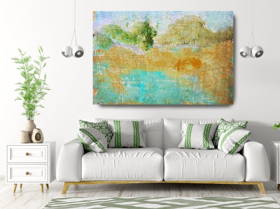 Symphony of Light. Huge Rustic Landscape Painting Canvas Art Print, Extra Large Blue Green Orange Canvas Art Print up to 80" by Irena Orlov