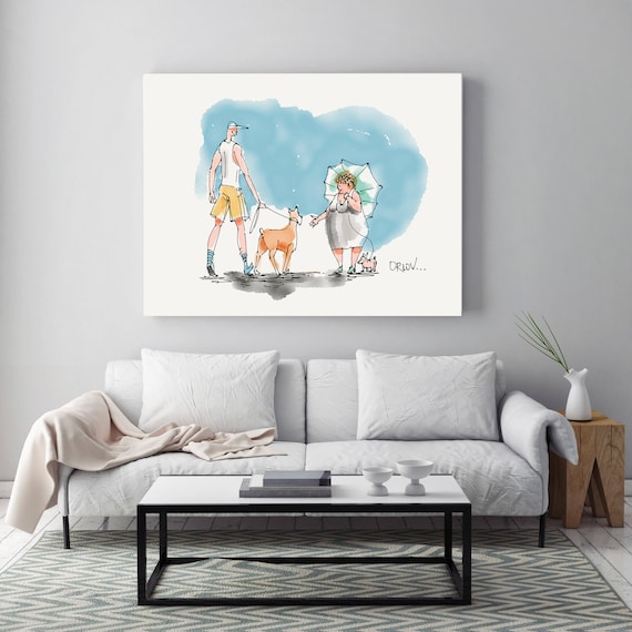 Dog Walking, Dog and People Illustration art print. White Blue Large Canvas Art Print, Wall Decor up to 72" by Zeev Orlov