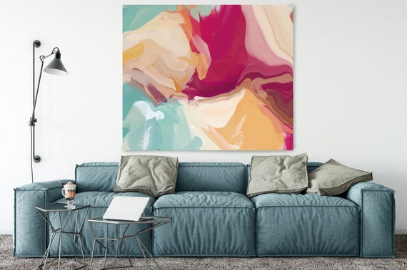 ORL-10970 Serenade 2, Red Aqua Yellow Abstract Painting, Pink Aqua Blur Canvas Art Print up to 48" by Irena Orlov