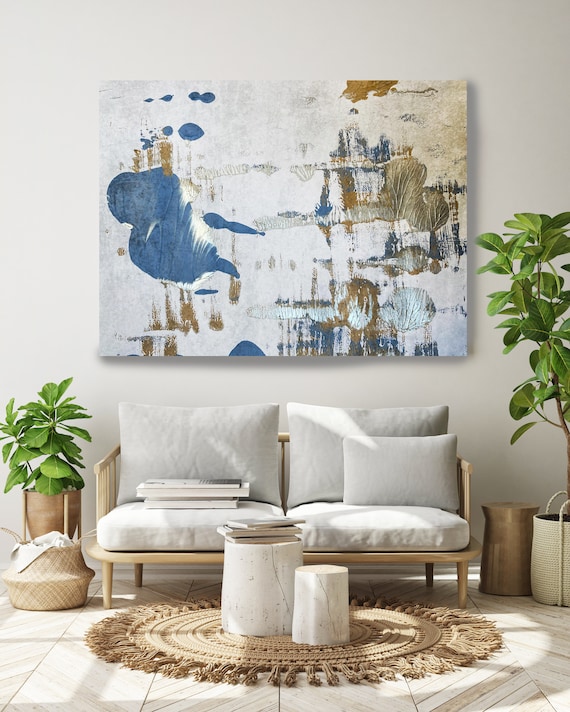 Blue Essence Gray Gold Blue Abstract Painting  Modern Art Abstract Painting Extra Large Painting Extra Large Abstract Canvas Print