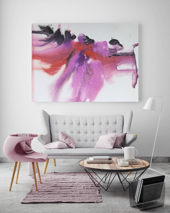 Pink Blue Dream. Watercolor Abstract Red Pink Black, Watercolor Painting Print Canvas Art Print up to 72" by Irena Orlov