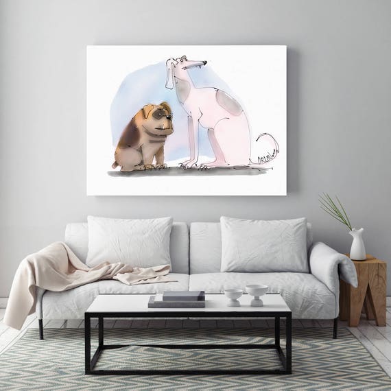 Two dogs meeting on a walk, Dog Illustration art print. White Blue Large Canvas Art Print, Wall Decor up to 72" by Zeev Orlov