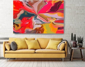 Good Vibes 121, Rot Gelb Abstraktes Gemälde, Abstraktes Boho Gemälde, Zeitgenössische Handgemalt extra großer Leinwanddruck