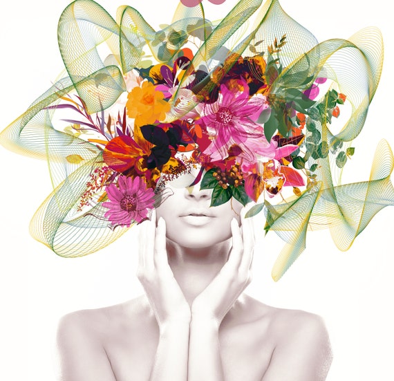 Vibrant Floral Portrait, Flower Head Woman Canvas Print, Flower Head Surreal Art Portrait Equivalent Exchange Contemporary Woman Fashion Art