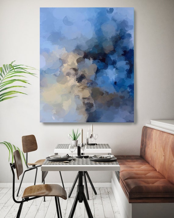 Midnight Blue Large Abstract Art, Abstract Canvas Print Large Modern Abstract Wall Art, Abstract Painting, Blue Beige