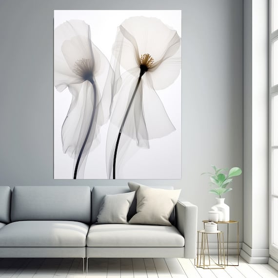 Floral Wall Art-Xray image. Floral Painting Modern, Translucent White Poppies Flowers 2, Flowers Painting Canvas Print