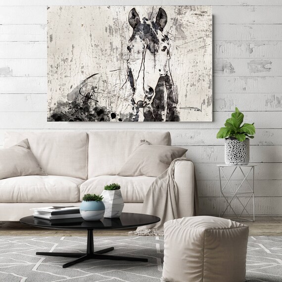 French Kiss 3. Extra Large Rustic Horse, Equine Wall Decor, Black Off White Rustic Horse, Large Farmhouse Wall Canvas Art Print up to 72