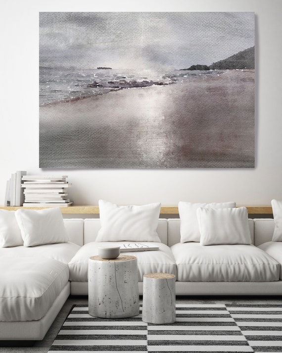 Beach. Huge Rustic Coastal Beach Painting Canvas Art Print, Large Purple Brown Gray Canvas Art Print up to 80" by Irena Orlov