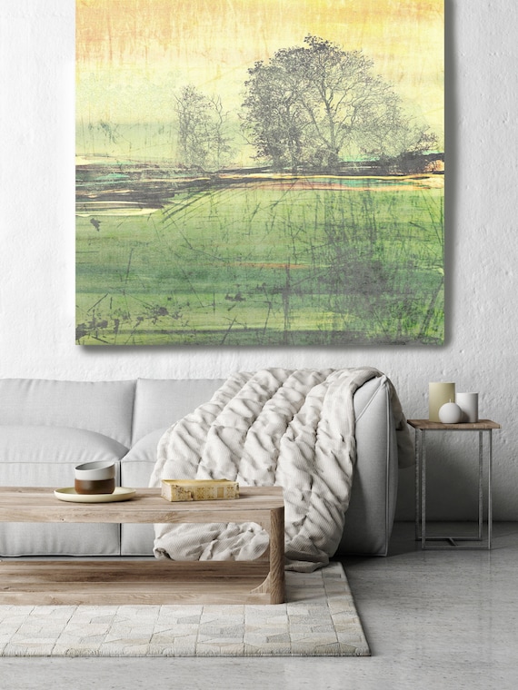 Change of Seasons. Huge Rustic Landscape Painting Canvas Art Print, Extra Large Green Yellow Canvas Art Print up to 50" by Irena Orlov