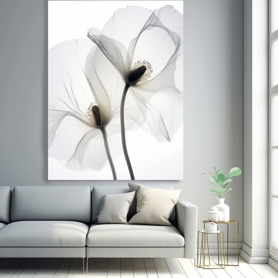 Floral Wall Art-Xray image. White Floral Painting Modern, Translucent White Poppies Flowers 9, Flowers Painting Canvas Print