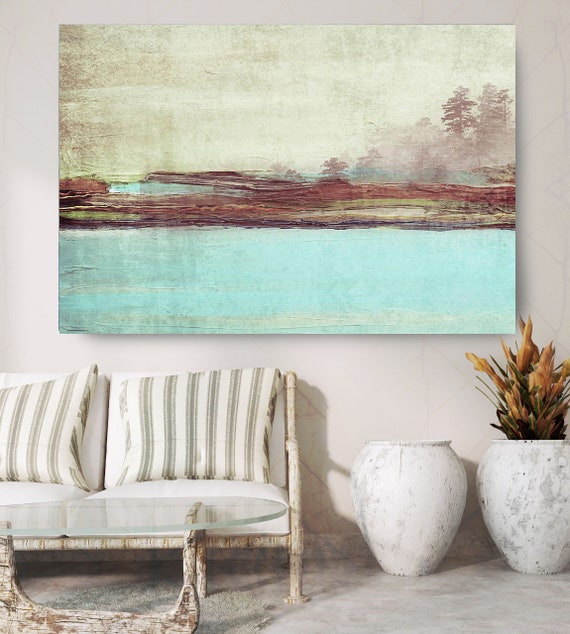 Blue Landscape. Huge Rustic Landscape Painting Canvas Art Print, Extra Large Turquoise Brown Green Canvas Art Print up to 80" by Irena Orlov