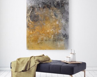 Leuchtende Farbtöne 7. Extra großes Original Öl auf Leinwand Rustikale Gelbe Malerei, Gelb Grau Abstrakt Rustikal Original Kunst von Irena Orlov
