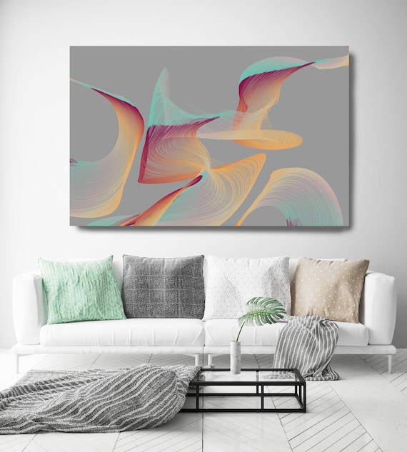 Color Breeze 5. Abstract New Media Art, Wall Decor, Extra Large Abstract Gray Teal Yellow Canvas Art Print up to 72" Irena Orlov