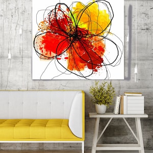 Red Yellow Abstract Flower. Floral Painting, Red Yellow Black Abstract Art, Colorful Contemporary Canvas Art Print up to 48&quot; by Irena Orlov