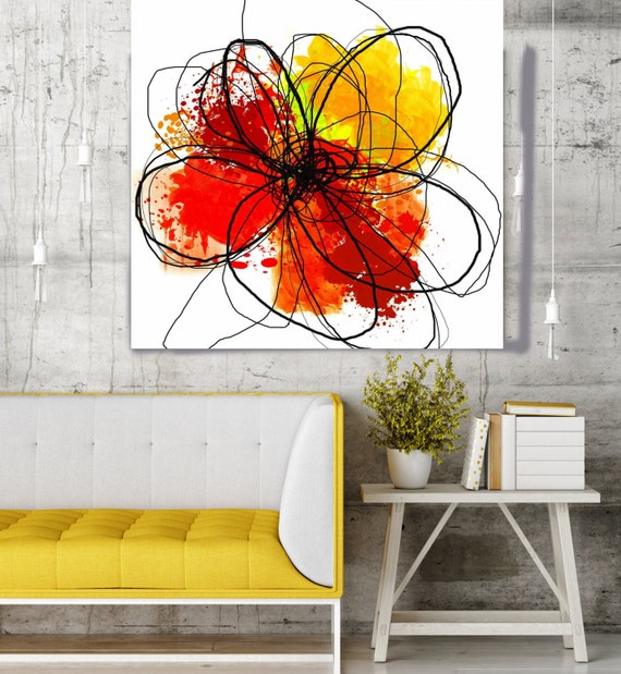 Red Yellow Abstract Flower. Floral Painting, Red Yellow Black Abstract Art, Colorful Contemporary Canvas Art Print up to 48" by Irena Orlov