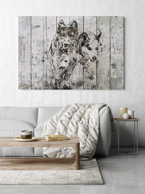 Running Wolfs. Extra Large Wolf Canvas, Unique Wolf Wall Decor, Gray Blue Rustic Wolf Canvas Art Print up to 72" by Irena Orlov