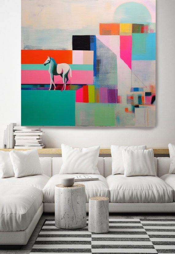 Color Block Horse Art, Horse Painting, Midcentury Horse Painting Canvas Print Horse canvas Art Equestrian Walking Horse in Abstract World