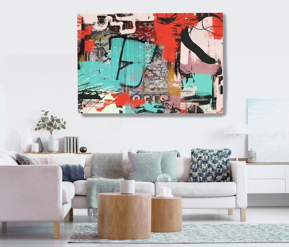 Graffiti Wall Art Red Green Street Art Painting Print on Canvas, Large Canvas Print, Urban Canvas Print, The puzzle 2