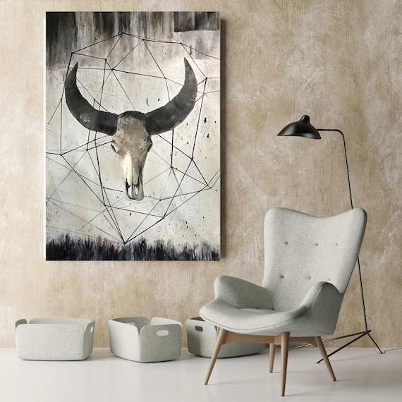 Rustic Buffalo Skull Canvas Art Print | Buffalo Skull Animal Art | Rustic Wall Decor | Modern Wall Art | Bedroom Decor | Animal Wall Art