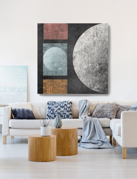 Geometry MOON 22, Moon Modern Art, Blue Ochre Gray Black Moon Canvas Print, Black And White, Planet Wall Art, Space Art, Moon Phases Art